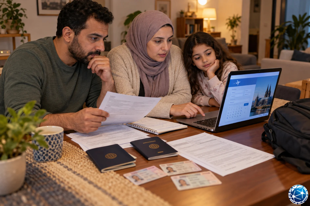 Türkiye'de yaşayan yabancı aile, Almanya D vizesi için çevrim içi grup randevusunu ve pasaportlarını inceliyor.