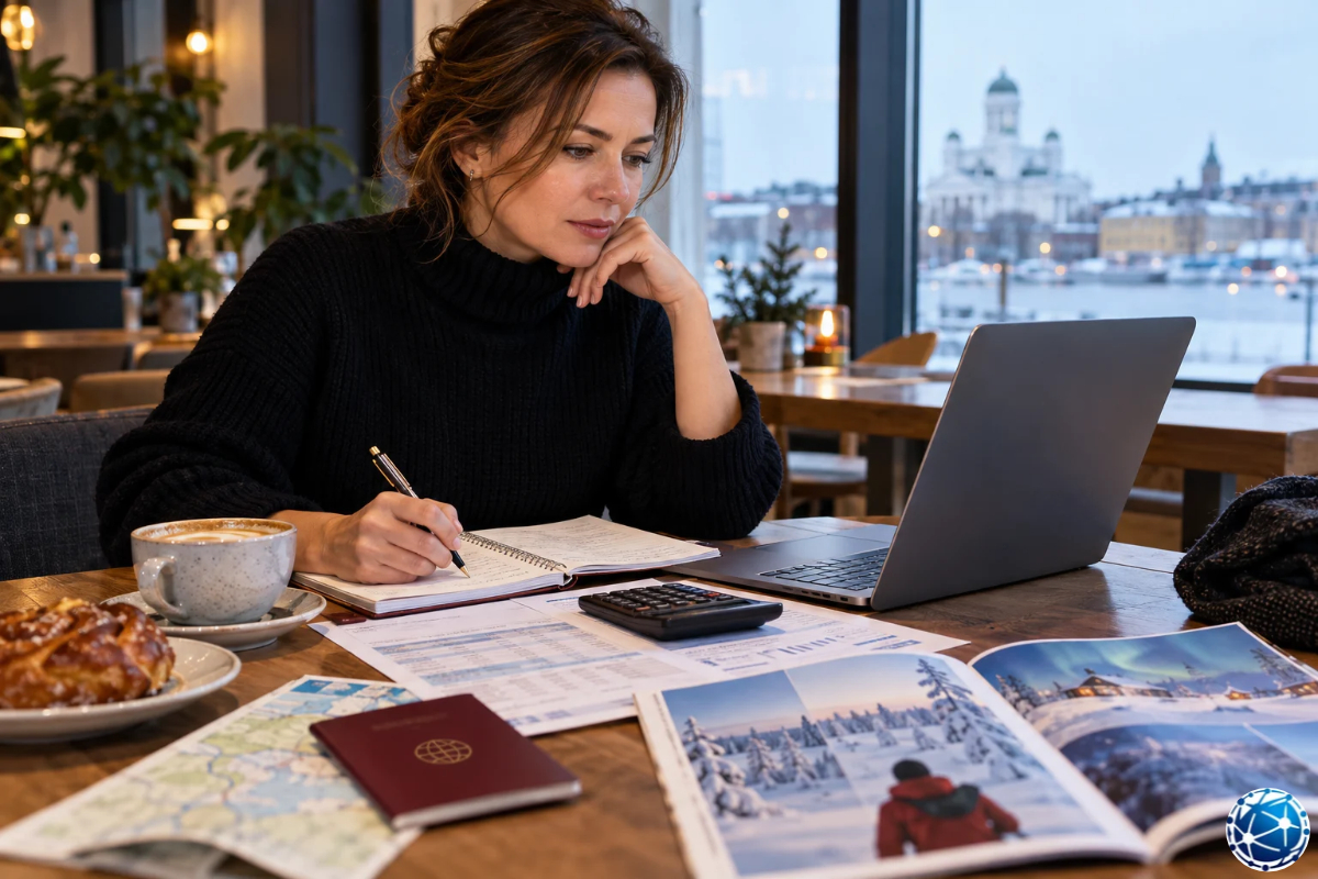 Finlandiya vizesinde günlük 50 Euro maddi yeterlilik şartı için banka hesap dökümü ve seyahat bütçesini inceleyen kadın.