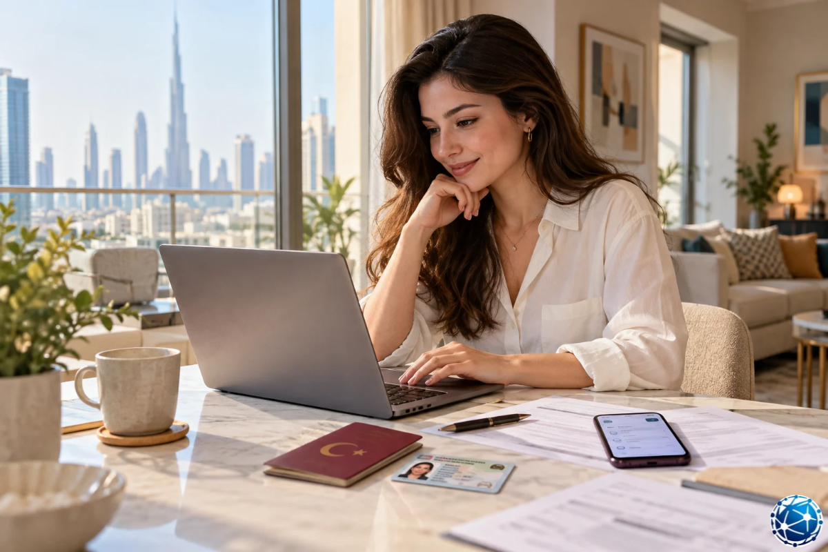 Dubai manzaralı evinde dizüstü bilgisayardan Emirates ID yenileme işlemlerini takip eden kadın.