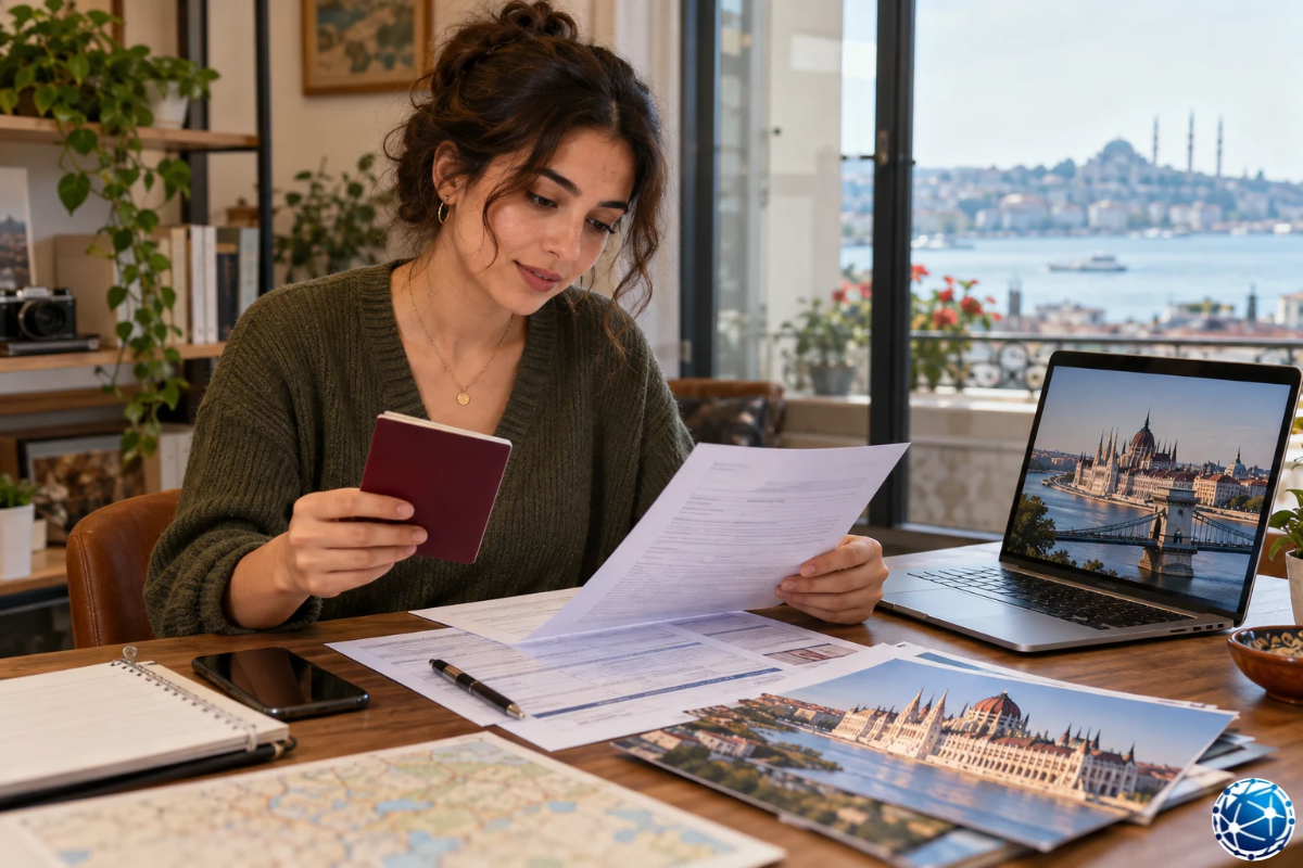 Macaristan vizesi için Türk pasaportunu ve başvuru belgelerini dizüstü bilgisayarı yanında inceleyen kadın.