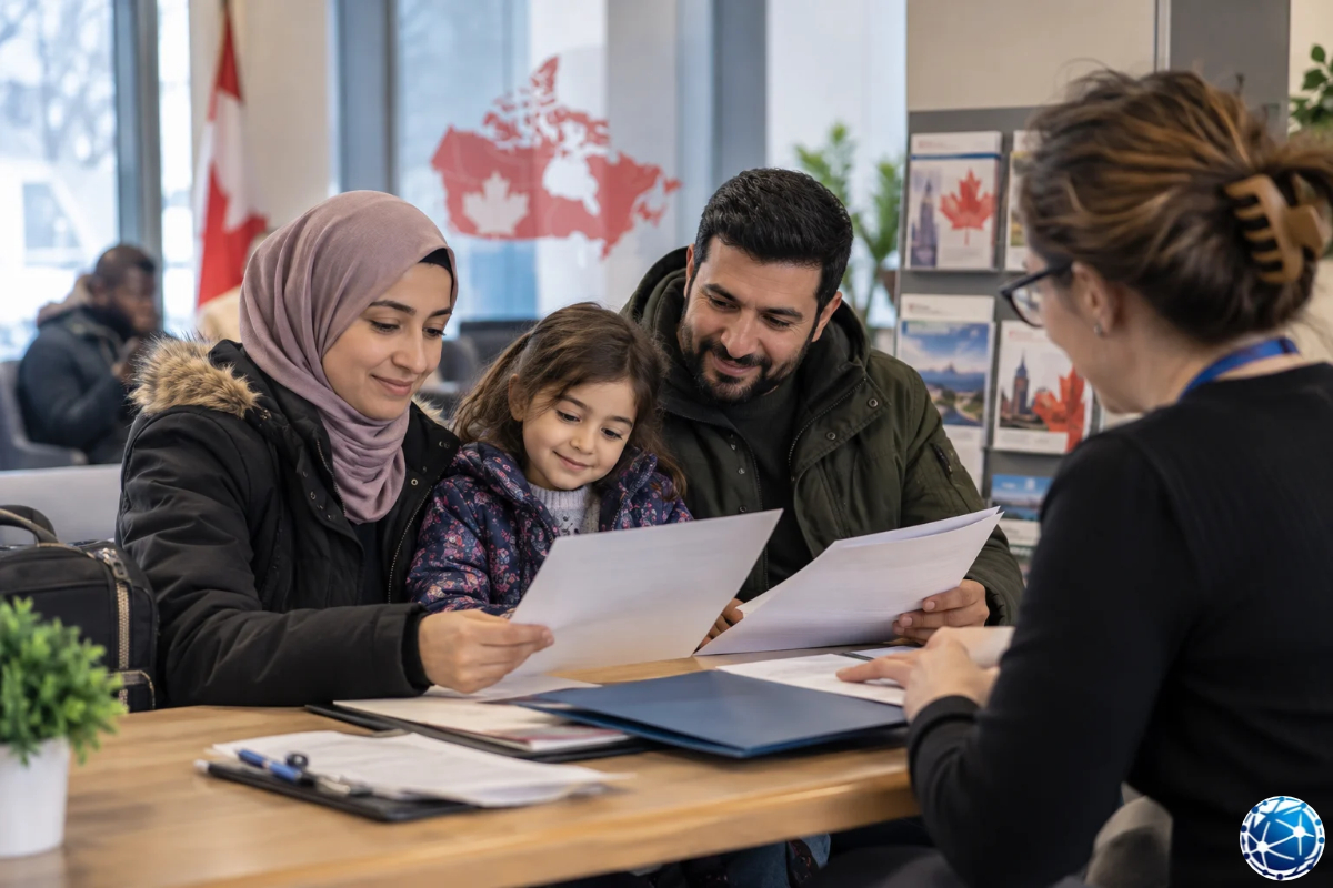 Kanada mülteci sponsorluğu kapsamında aile üyelerinin başvuru belgelerini destek görevlisiyle inceleyen anne, baba ve çocuk.
