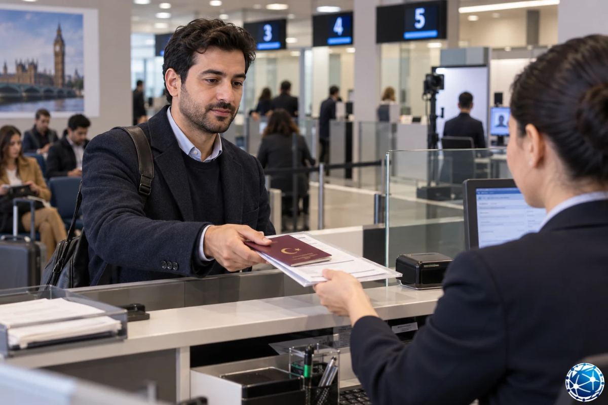 İngiltere vize başvuru merkezinde Türk pasaportunu ve evraklarını görevliye teslim eden erkek başvuru sahibi.