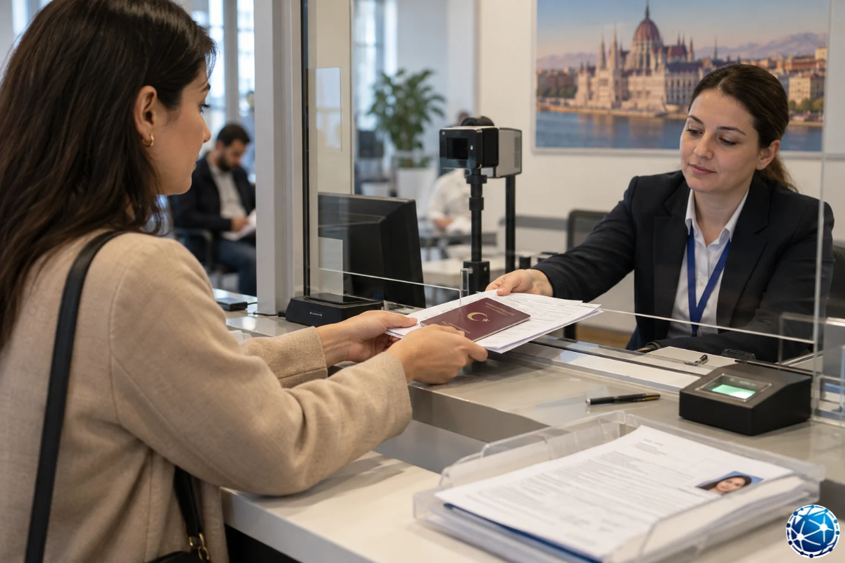 Macaristan çalışma amaçlı oturum başvurusunda Türk pasaportunu ve belgelerini görevliye teslim eden kadın.