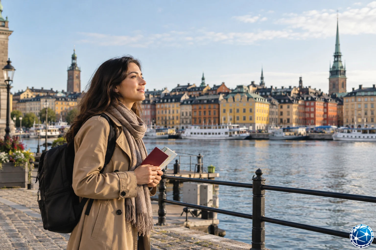 İsveç Schengen vizesiyle Stockholm'e seyahat eden kadın, pasaportuyla tarihi Gamla Stan kıyısında şehri inceliyor.
