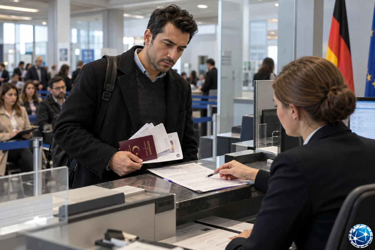 Almanya Schengen vizesinde yanlış randevu kategorisi ve başvuru belgelerini görevliyle kontrol eden Türk vatandaşı.
