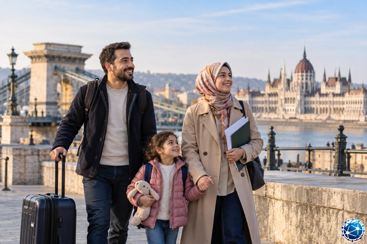 Budapeşte'de Parlamento Binası ve Zincir Köprü manzarası önünde seyahat valizleriyle yürüyen Türk anne, baba ve çocuk; Macaristan aile birle