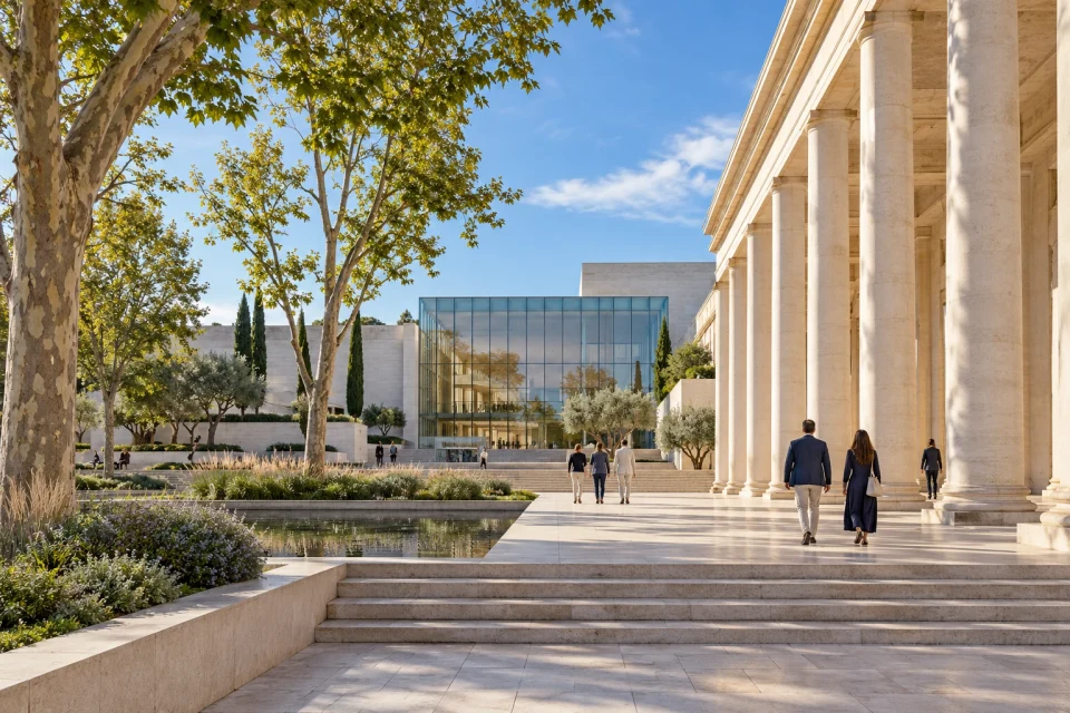 Taş sütunlar ve çağdaş cam cephelerle çevrili, ağaçlı kamusal meydanda yürüyen insanlar