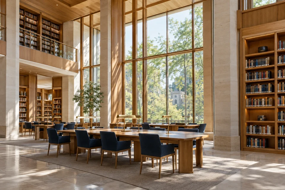 Yüksek pencerelerden gün ışığı alan kütüphanede ahşap çalışma masaları ve kitap rafları